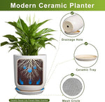 Modern ceramic planter with features highlighted on a white background
