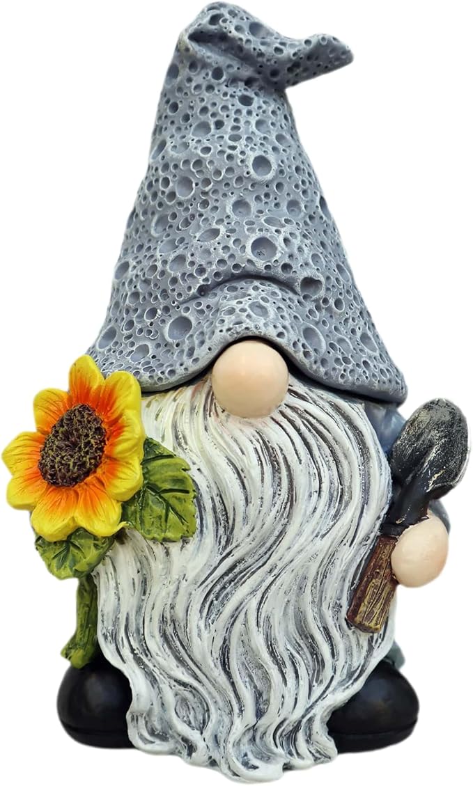 Gnome figurine with a sunflower and a gray hat on a white background