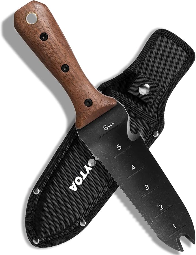 Knife with wooden handle and black sheath on a white background