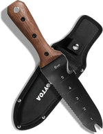 Knife with wooden handle and black sheath on a white background