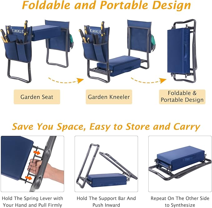 Foldable and portable garden seat and kneeler with assembly instructions.