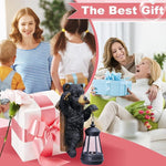 Collage of a woman with children and another woman receiving a gift, with decorative items like a bear statue and lantern.