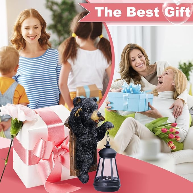 Collage of a woman with children and another woman receiving a gift, with decorative items like a bear statue and lantern.
