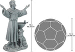 Statue of a religious figure with outstretched arms, a bird, and a wolf, next to a geometric ball with measurements on a white background.