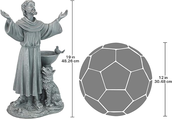 Statue of a religious figure with outstretched arms, a bird, and a wolf, next to a geometric ball with measurements on a white background.
