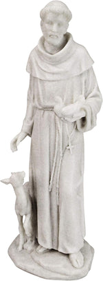 Statue of a religious figure in a white robe with a small dog, likely Saint Francis, on a white background.