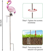 Flamingo garden stake with installation instructions on a white background