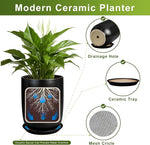Modern ceramic planter with features highlighted on a white background