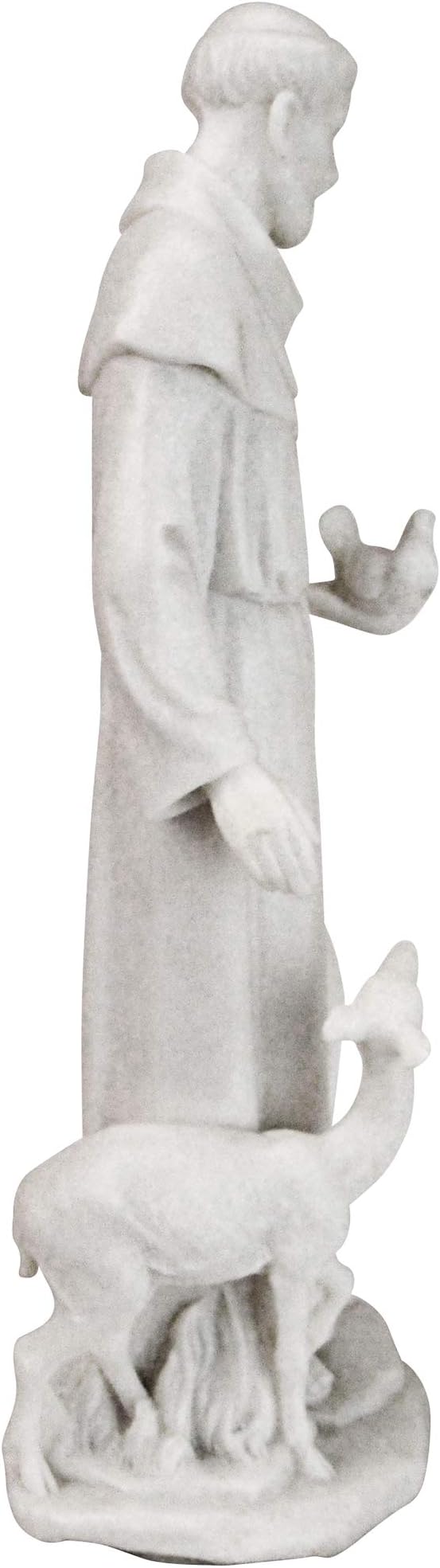 White marble statue of a religious figure with a deer
