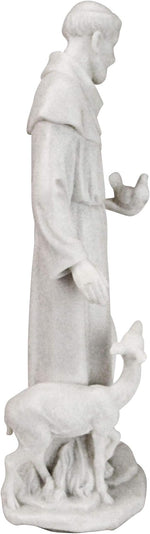 White marble statue of a religious figure with a deer