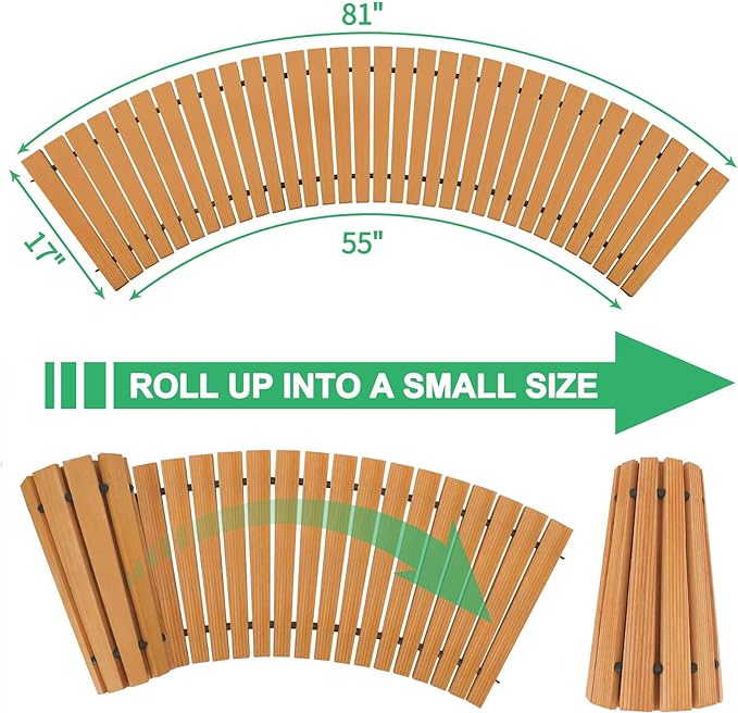 Wooden mat with dimensions and folding instructions on a white background