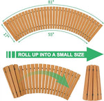 Wooden mat with dimensions and folding instructions on a white background