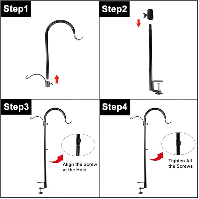 Step-by-step assembly diagram for a garden hook with arrows indicating actions.