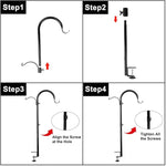 Step-by-step assembly diagram for a garden hook with arrows indicating actions.
