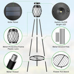 Solar-powered garden light with labeled components on a light blue background