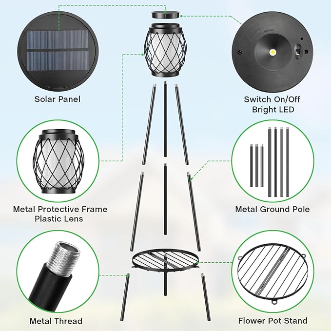 Solar-powered garden light with labeled components on a light blue background