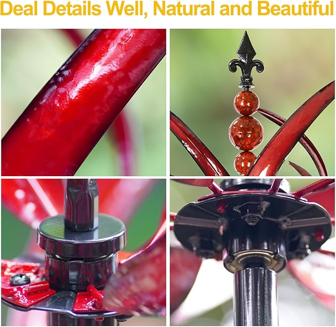 Collage of close-up details of a red metal object with decorative elements.