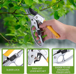 Hand using garden pruners on a branch with close-up details of the tool.