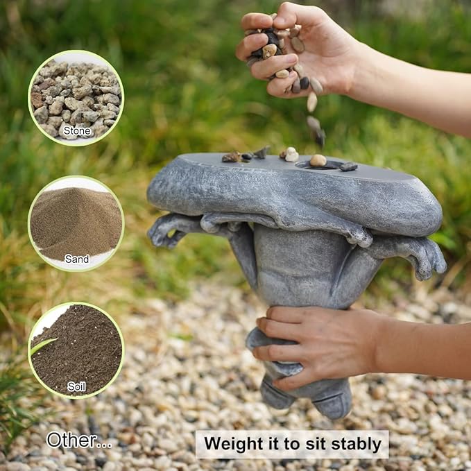 Person adjusting a stone frog garden ornament with close-ups of stones, sand, and soil.