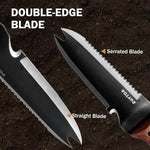 Two knives with double-edge blade and serrated blade on a dark background