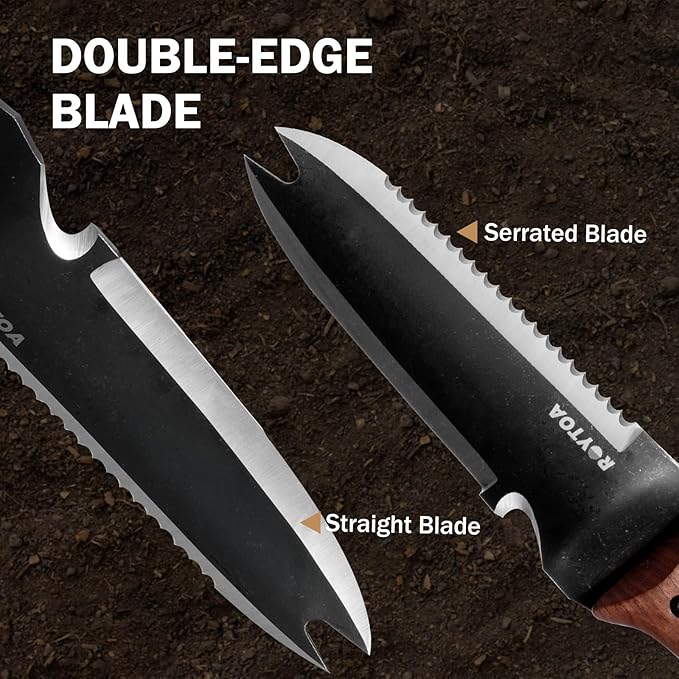 Two knives with double-edge blade and serrated blade on a dark background