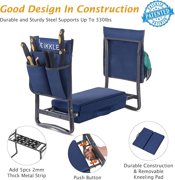 Blue camping chair with tool pouches and features highlighted on a white background