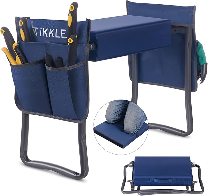 Blue camping stool with tool holder and footrest on a white background