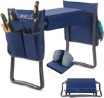Blue camping stool with tool holder and footrest on a white background
