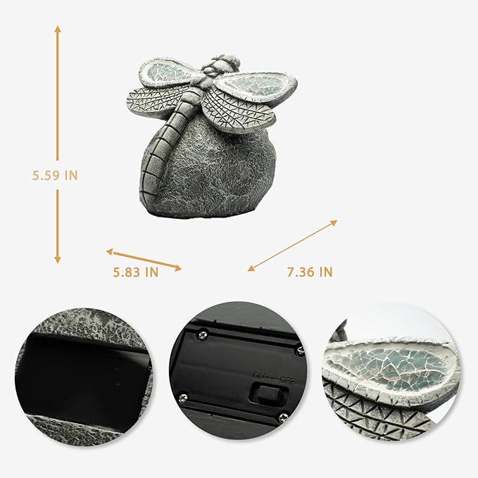 Dragonfly-shaped garden ornament with measurements and close-up details on a white background