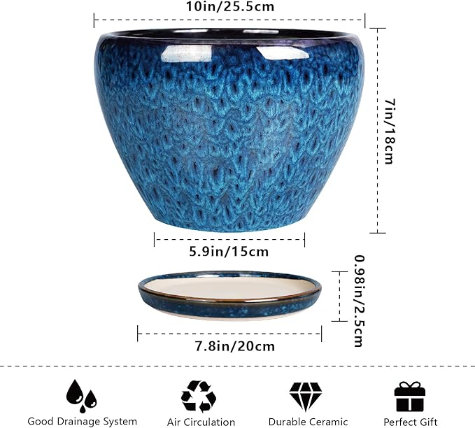 Blue ceramic pot with dimensions and features listed on a white background