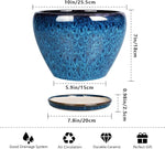 Blue ceramic pot with dimensions and features listed on a white background