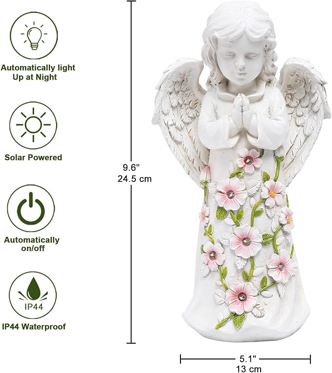 White angel figurine with floral design, solar-powered, and dimensions displayed.