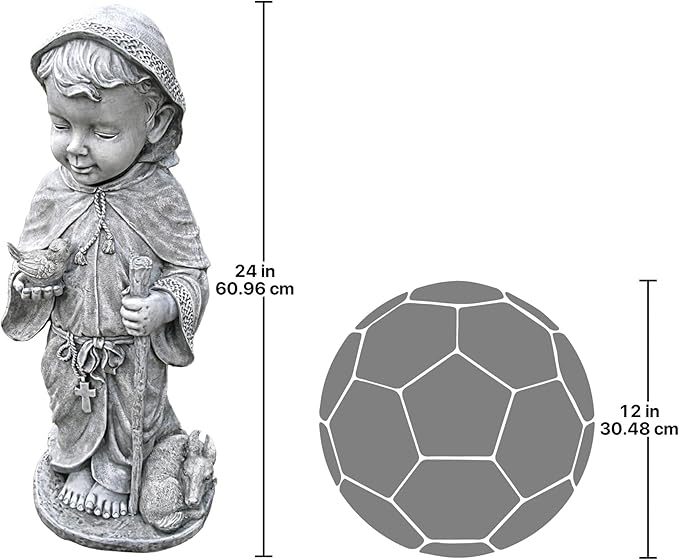 Statue of a child with a dog and measurements on a white background