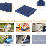 Blue kneeling pad with measurements and usage scenarios on a white background