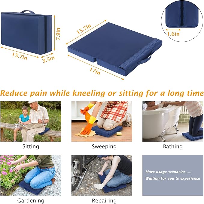 Blue kneeling pad with measurements and usage scenarios on a white background