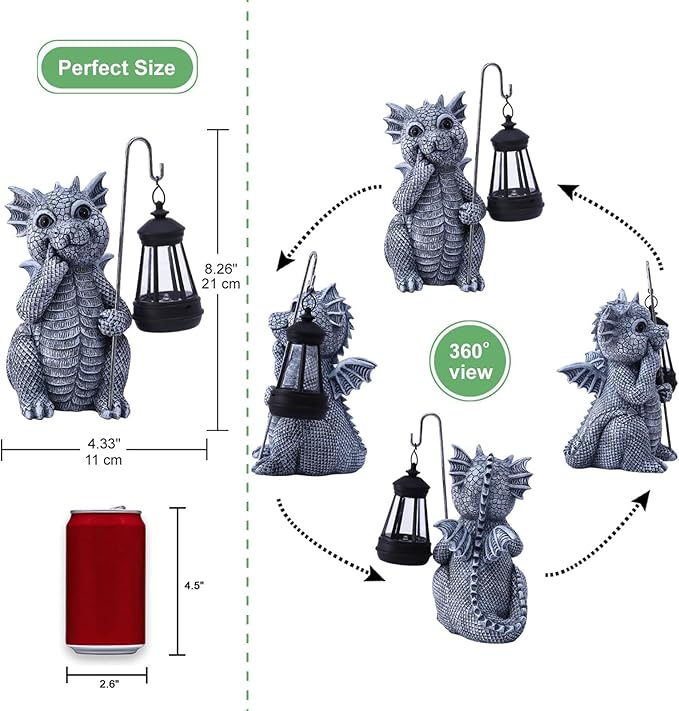 Dragon-shaped decorative item with lantern, shown with dimensions relative to a can and text indicating 'Perfect Size'.