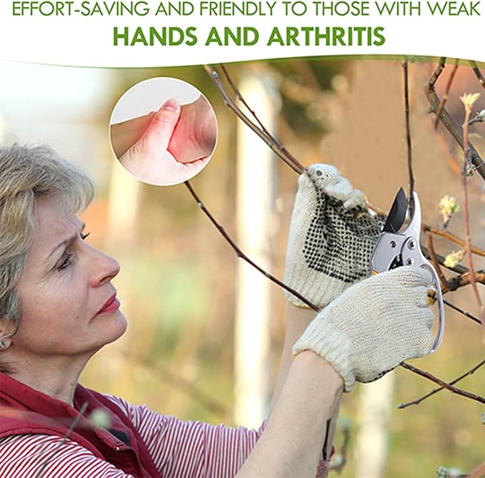 Woman pruning branches with gardening shears and gloves, highlighting ease of use for those with weak hands and arthritis.