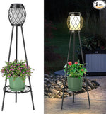 Solar-powered outdoor lamp with plant stand and flower pots on a white background