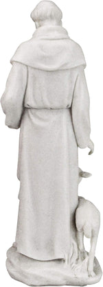 White marble statue of a religious figure with a dog on a white background