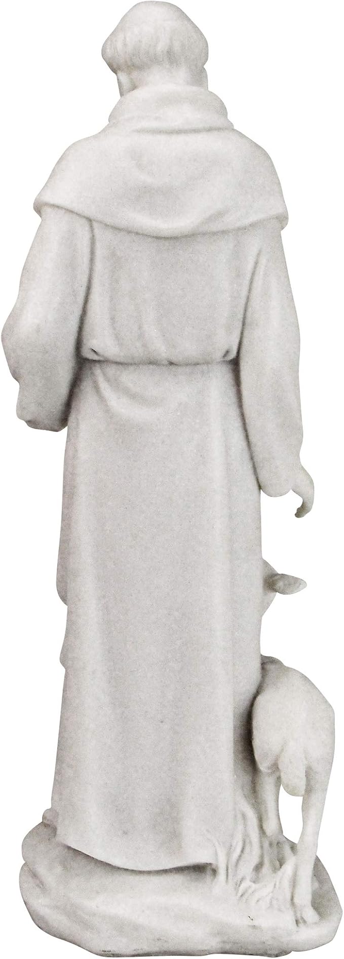 White marble statue of a religious figure with a dog on a white background
