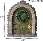 Decorative fairy door with a wreath, measurements, and weight displayed.