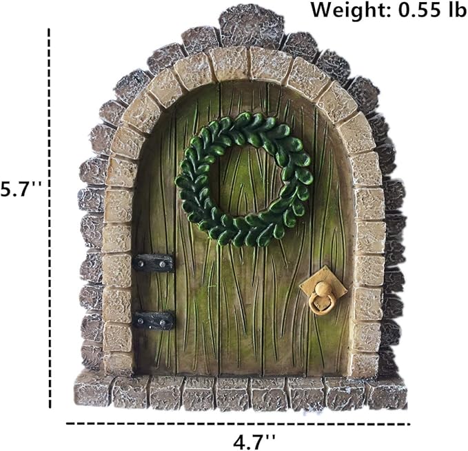Decorative fairy door with a wreath, measurements, and weight displayed.