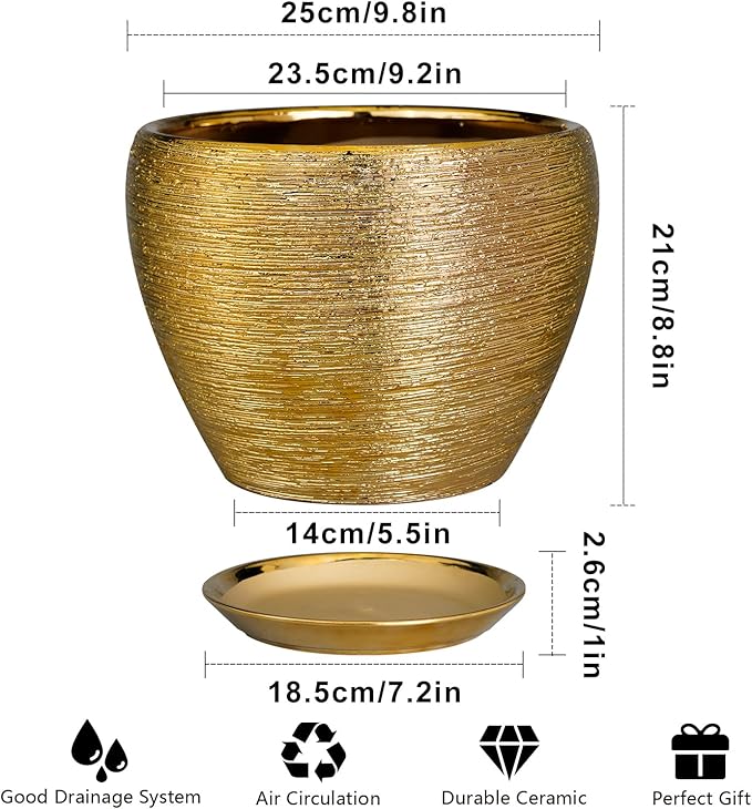 Gold ceramic planter with dimensions and features listed
