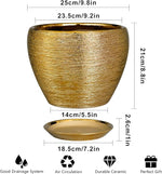 Gold ceramic planter with dimensions and features listed