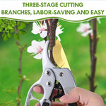 Hand holding a pair of pruning shears with a background of greenery and flowers, emphasizing ease and labor-saving.