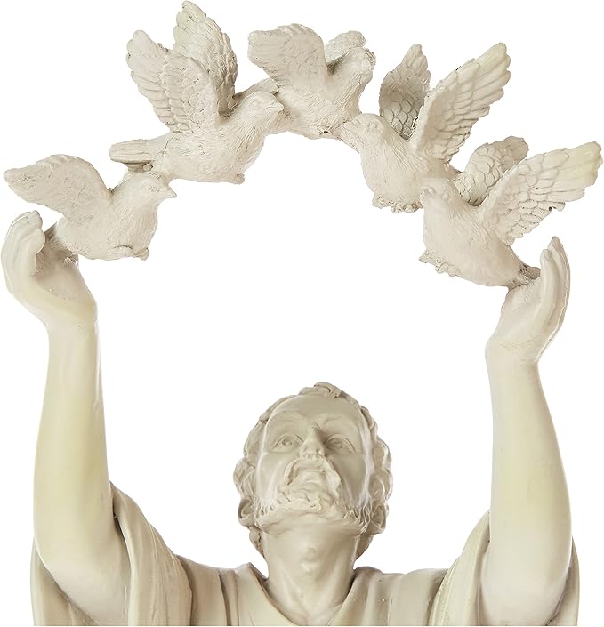 Statue of a man with outstretched arms holding a wreath of doves against a white background