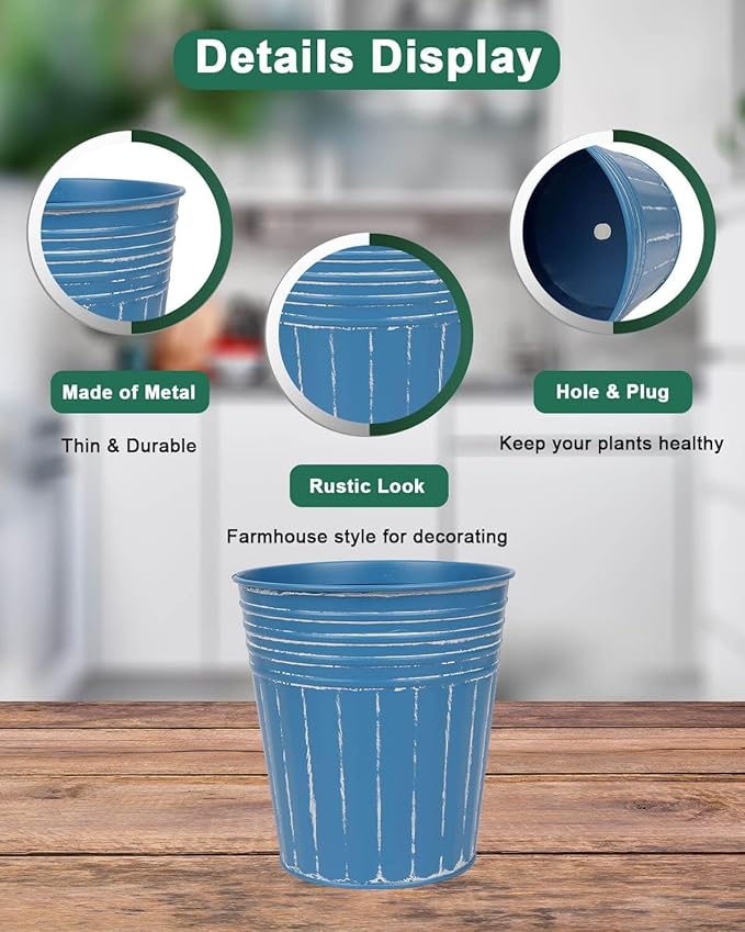 Blue metal plant pot with features highlighted on a wooden surface