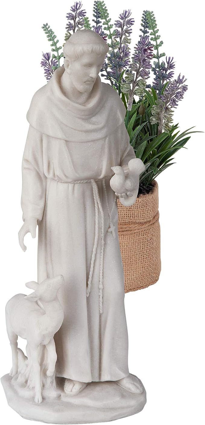 Statue of a religious figure holding a lamb and flowers, with a basket in the background.