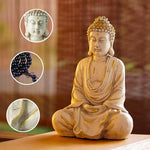 Buddha statue with close-up insets of details on a blurred background