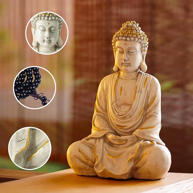 Buddha statue with close-up insets of details on a blurred background